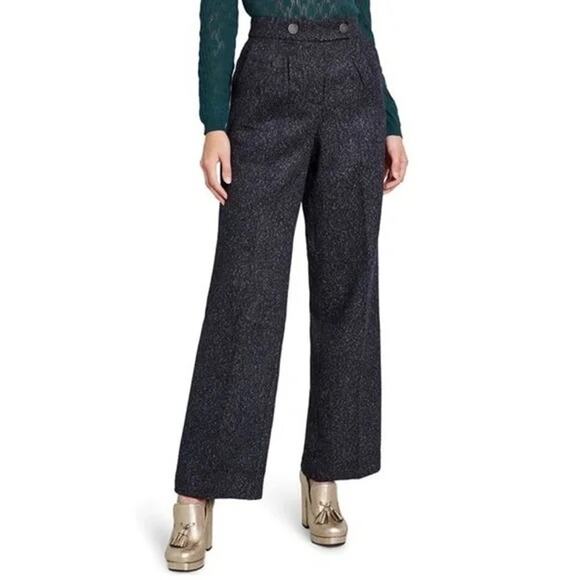 ModCloth Navy Speckled Tweed High Waist Sailor Button Wide Leg Trouser Pants - Picture 1 of 11